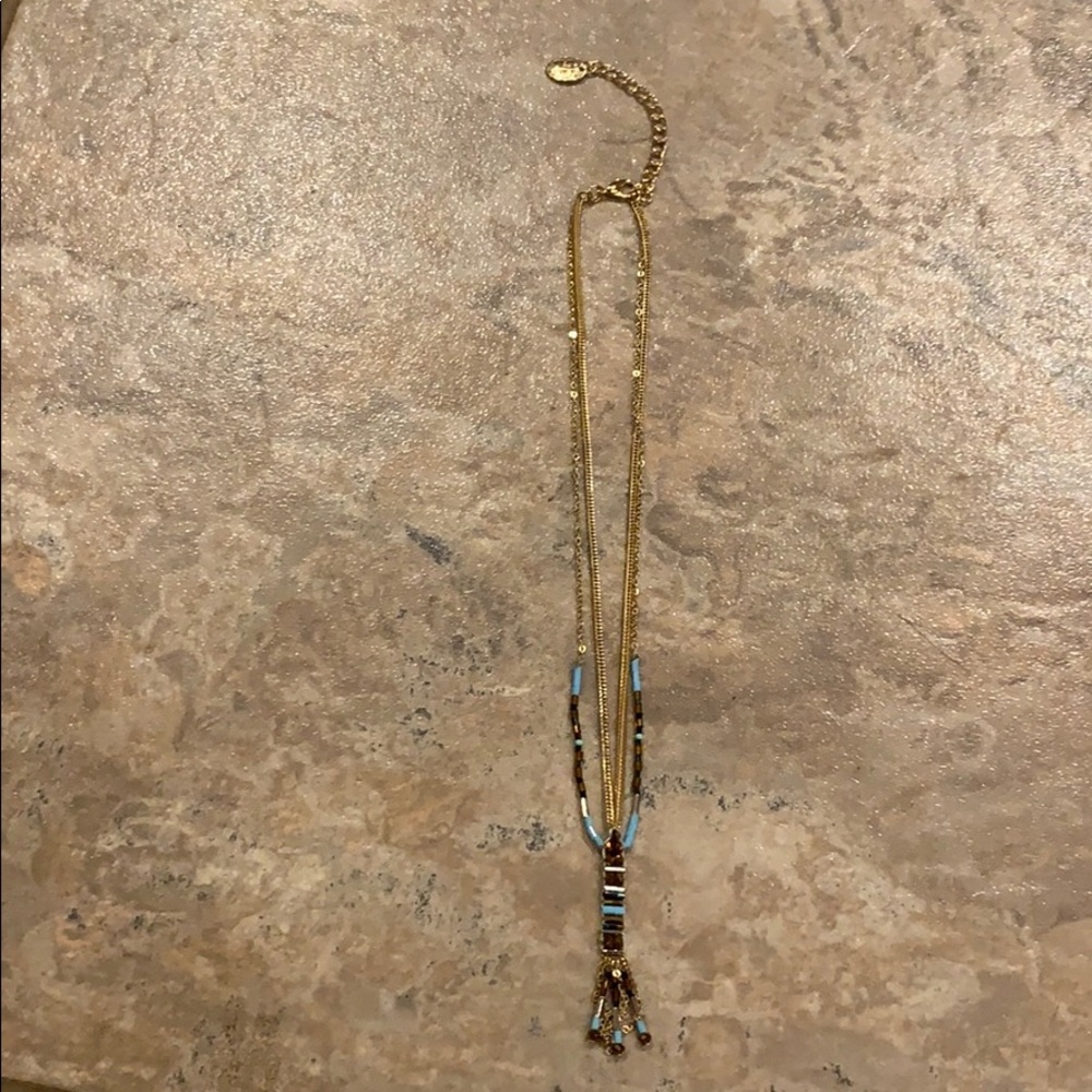 Gold, brown, and blue beaded necklace